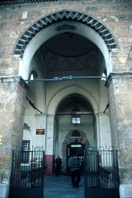 The entrance to the mosque of Orhan I, with chevron border of bricks on entry arch of portico