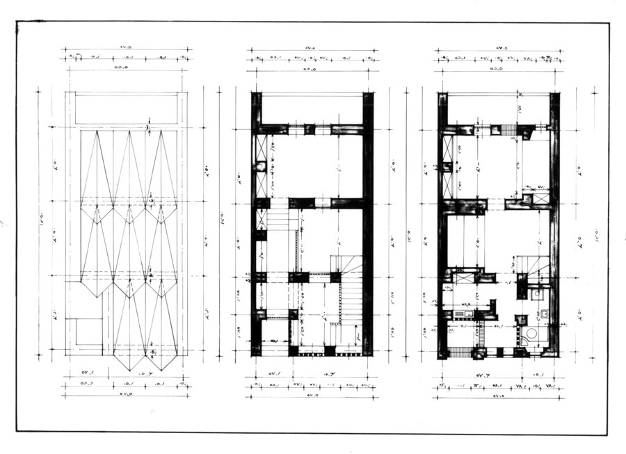 Working drawing: Ground floor, first floor and roof plans