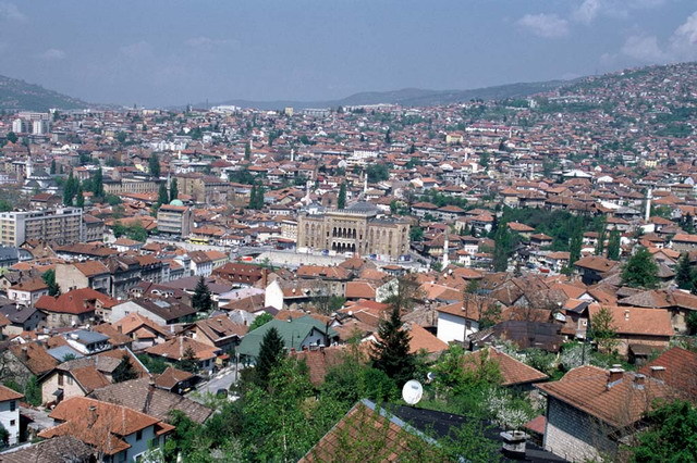 Elevated view of Sarajevo, showing National Library at center