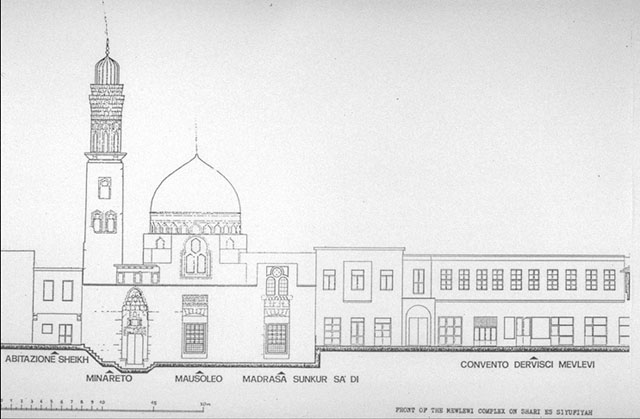 B&W drawing, front façade of the Emir Sunqur Sa'di Mausoleum and Madrasa