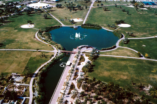 Aerial view showing pond and walk ways