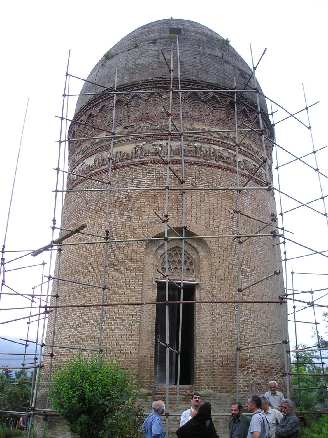 Exterior view from west, with scaffolding set up for restoration