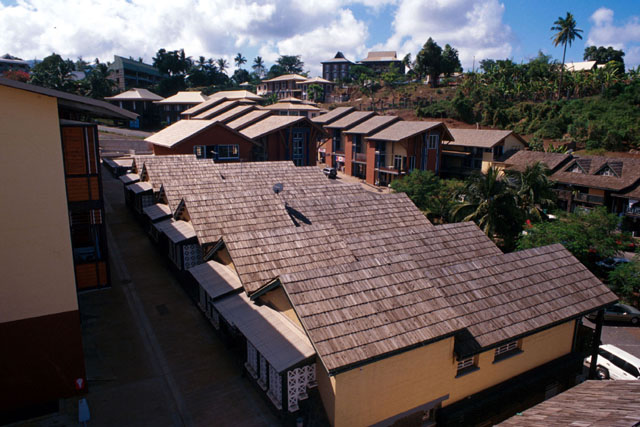 Aerial view showing series of modular houses