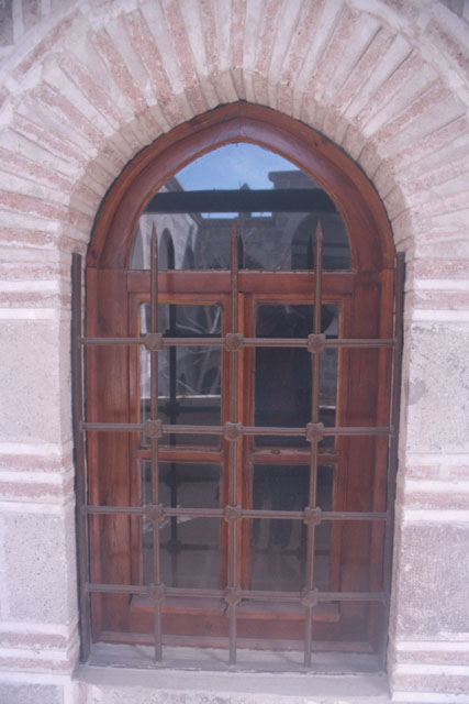 Exterior view showing wooden window casement
