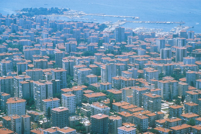 Aerial view showing plethora of modular, prefab construction to coast
