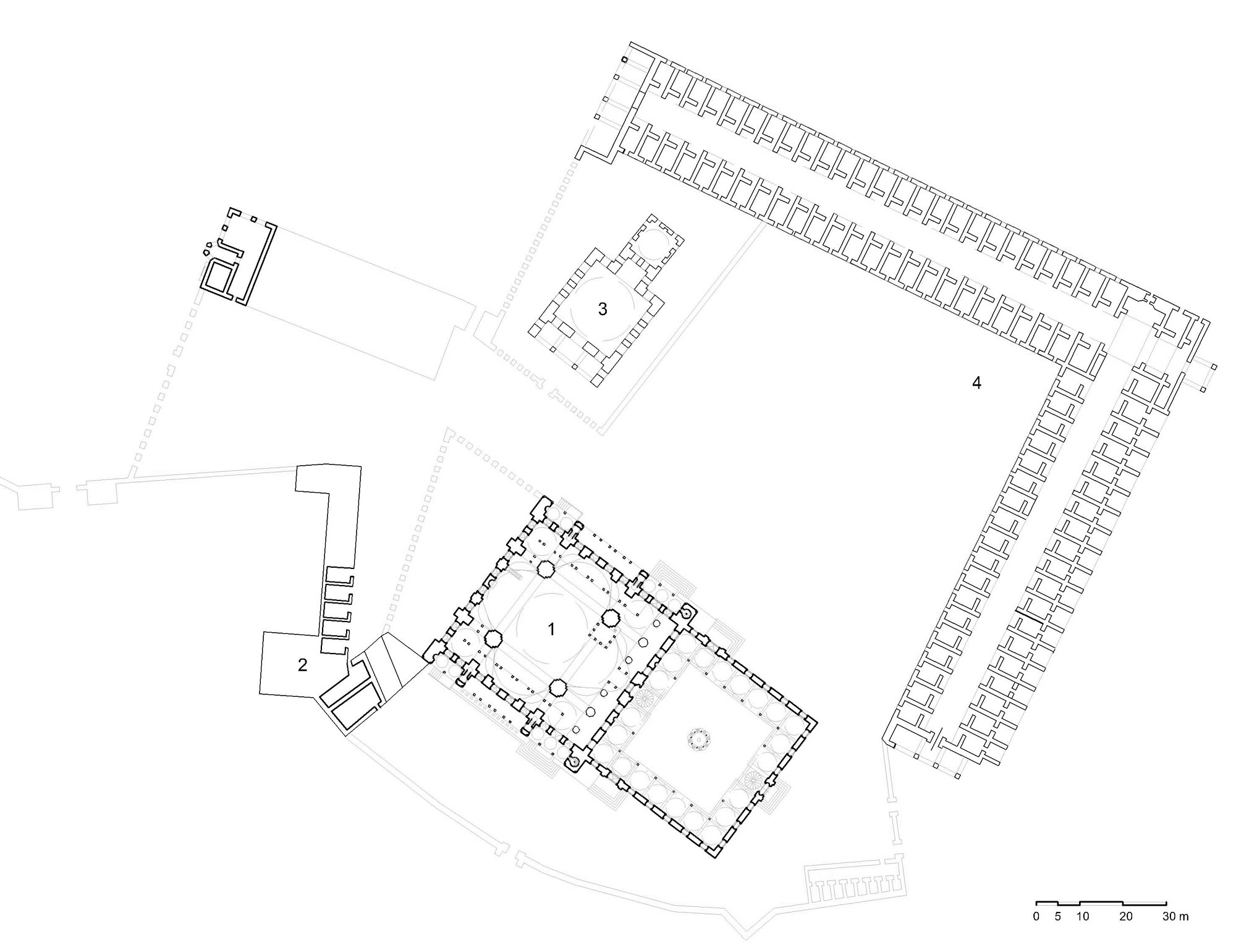 Yeni Camii Külliyesi - Floor plan of complex with (1) mosque, (2) ramp to the royal pavilion, (3) mausoleum, (4) covered bazaar. DWG file in AutoCAD 2000 format. Click the download button to download a zipped file containing the .dwg file.
