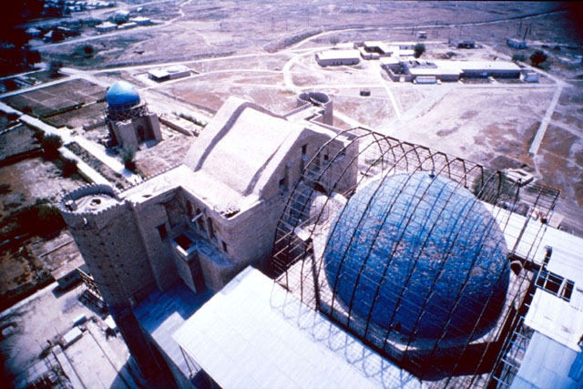 Aerial view over the mausoleum with the central dome under restoration