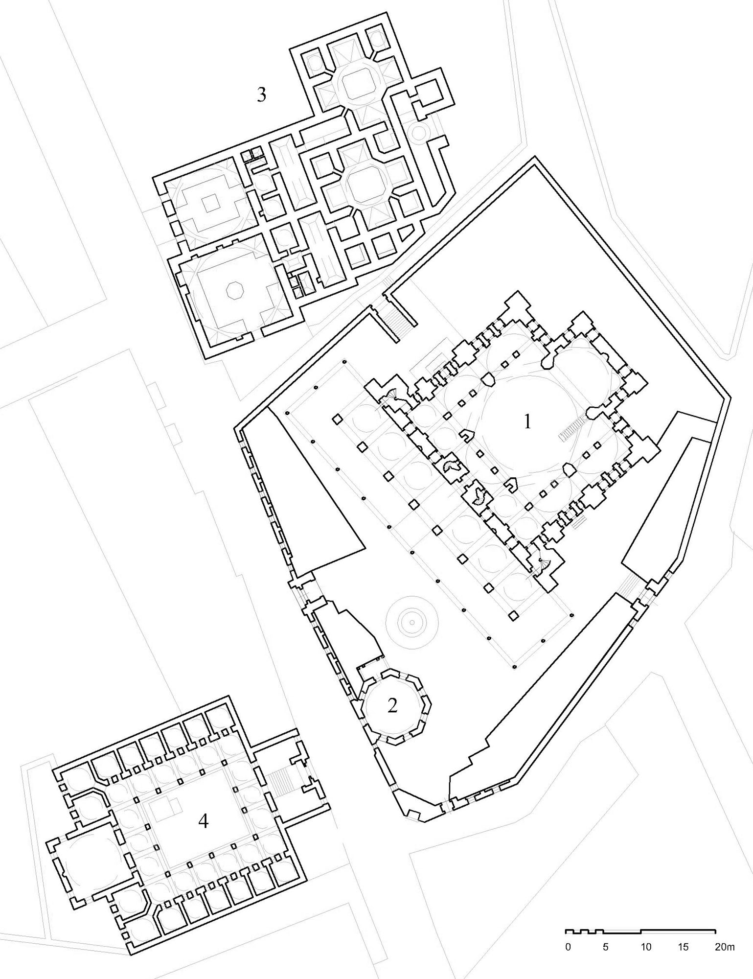 Cerrah Mehmed Paşa Külliyesi - Floor plan of complex showing (1) mosque, (2) mausoleum, (3) double baths, (4) madrasa of Gevherhan Sultan. DWG file in AutoCAD 2000 format. Click the download button to download a zipped file containing the .dwg file.
