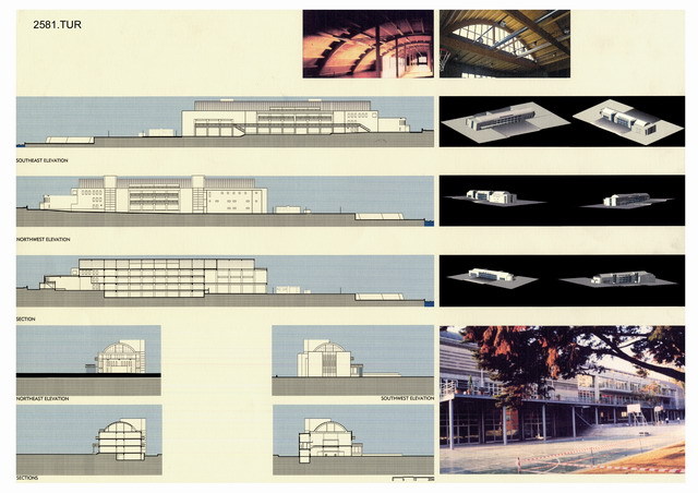Presentation panel with elevation and section drawings, computer renderings and exterior and interior views