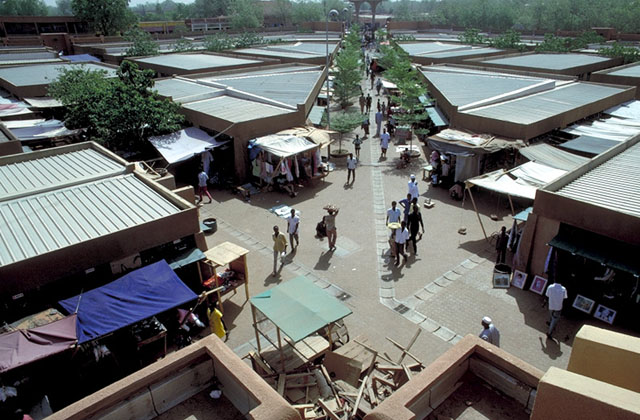 Market stalls on the perimeter of the site