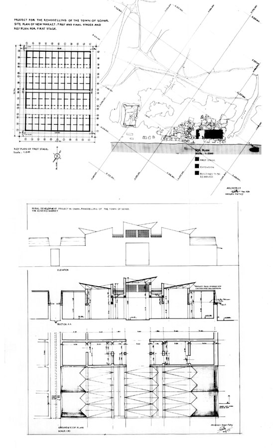 Site plan, plan, section, elevation  of shops, 1