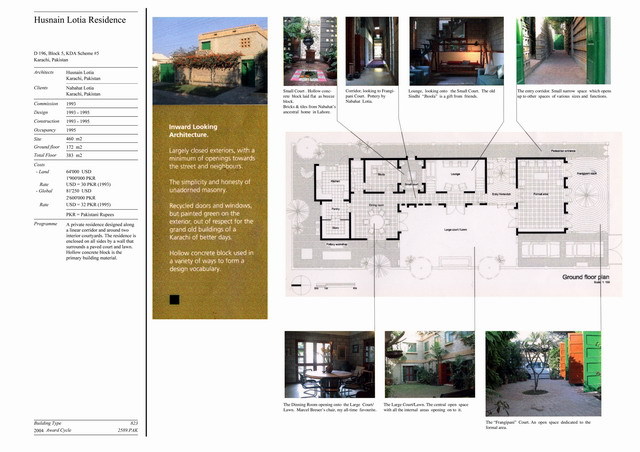 Presentation panel with floor plan, exterior view, and courtyard interior views