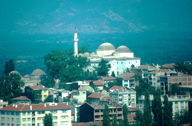 A view of the mosque of Bayezid I on a hill in the neighborhood named with his epithet, Yildirim (Thunderbolt)