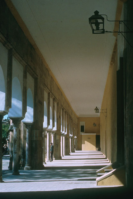Interior view along colonnaded portico