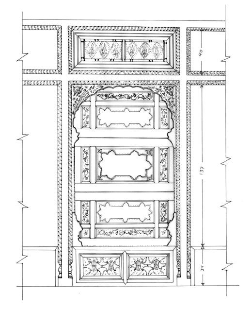 Drawing, detail of a carved wooden screen in west courtyard elevation