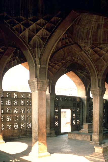 Interior close-up view of pointed arches and columns