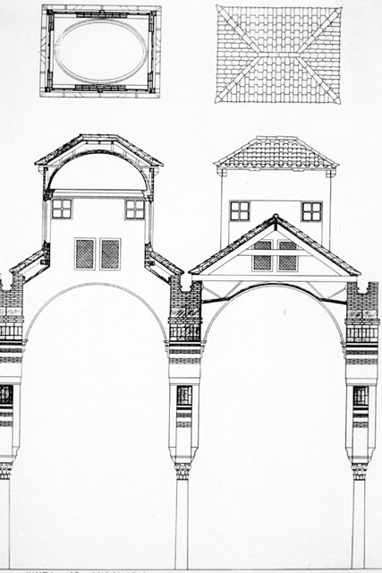 Line drawings showing cross-section of colonnade and ceiling designs