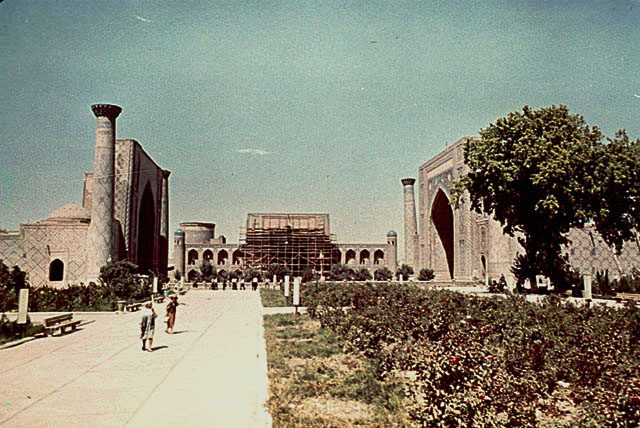 View of the complex from south showing Ulugh Beg, Tilla Kari and Shir Dar Madrasas from left to right