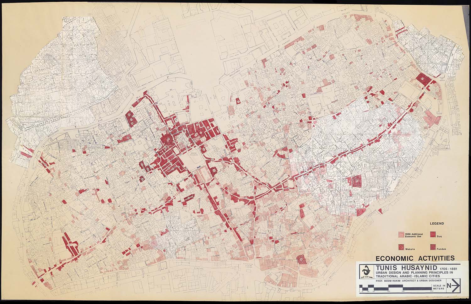 Tunis  - Map of historic center of Tunis showing economic activities. The locations of suqs (markets), waqalas (caravanserais), fundqus (inns) are indicated. Scale: 1:1,000 m. This map is part of a&nbsp;<a href="https://archnet.org/collections/1762" target="_blank" data-bypass="true">series of maps</a><span style="text-align: justify;">&nbsp;titled "Tunis Husaynid (1705-1881): Urban Design and Planning Principles in Traditional Arabic-Islamic Cities." Produced by Besim S. Hakim.</span>