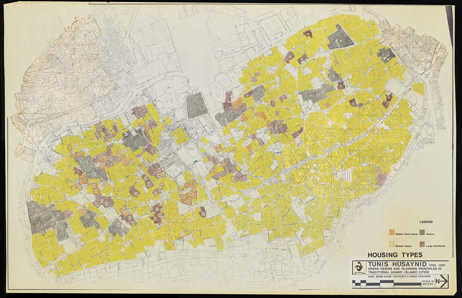 Tunis  - Map of historic center of Tunis showing housing types. Different scales of homes (modest, middle-class, large, and palatine) are color coded according to the key at bottom right. Scale: 1:1,000 m. This map is part of a&nbsp;<a href="https://archnet.org/collections/1762" target="_blank" data-bypass="true">series of maps</a><span style="text-align: justify;">&nbsp;titled "Tunis Husaynid (1705-1881): Urban Design and Planning Principles in Traditional Arabic-Islamic Cities." Produced by Besim S. Hakim.</span>