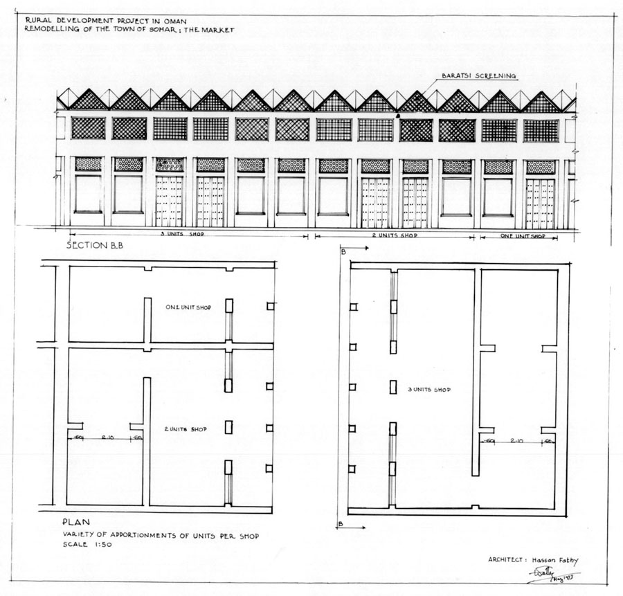 Shops elevation, plan of several units