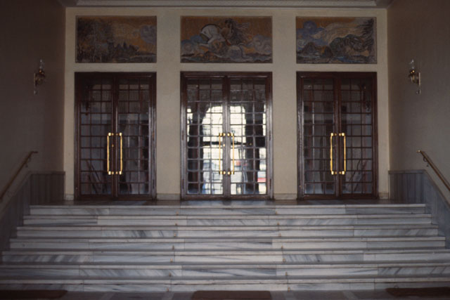 View of entrance with colored glass panels
