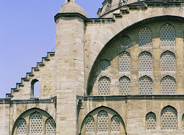 Exterior detail showing clerestory windows and buttresses