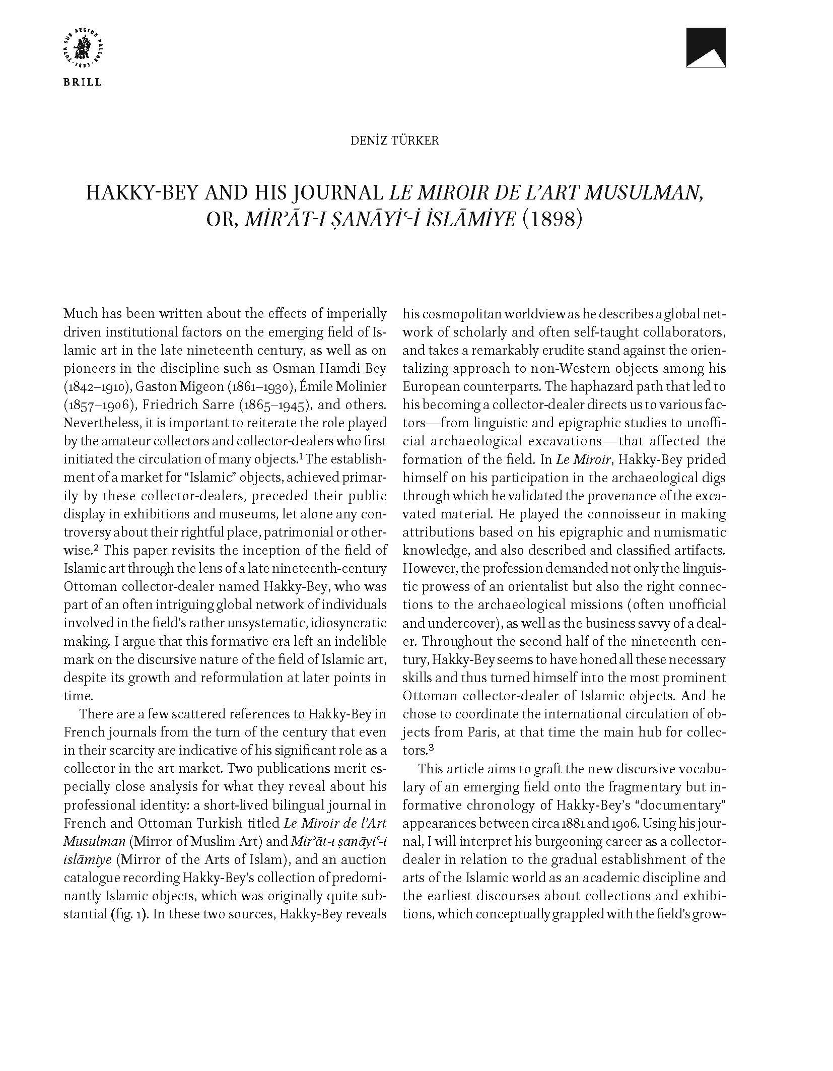Hakky-Bey and His Journal Le Miroir de l’Art Musulman, or, Mir'āt-ı ṣanāyi'-i islāmiye