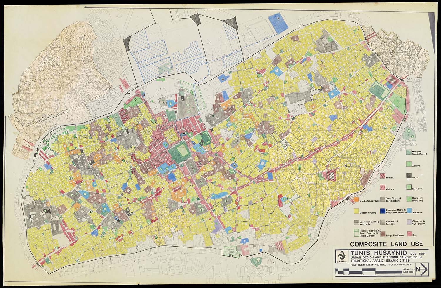 Tunis  - Map of historic center of Tunis dating to the&nbsp;Husaynid period showing land use. Land use is color coded according to key provided at bottom right. Scale: 1:1,000 m. This map is part of a&nbsp;<a href="https://archnet.org/collections/1762" target="_blank" data-bypass="true">series of maps</a><span style="text-align: justify;">&nbsp;titled "Tunis Husaynid (1705-1881): Urban Design and Planning Principles in Traditional Arabic-Islamic Cities." Produced by Besim S. Hakim.</span>