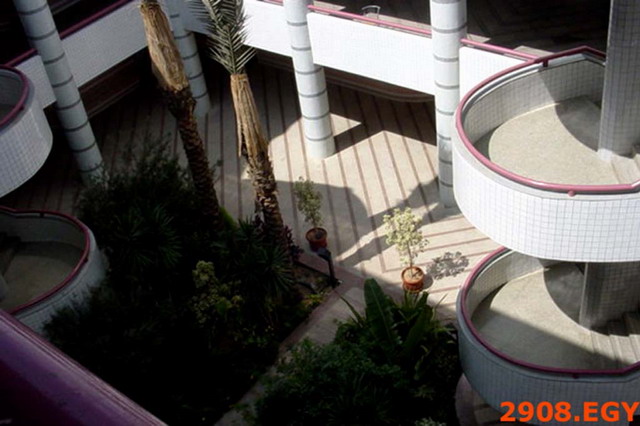 View looking down into courtyard with staircases