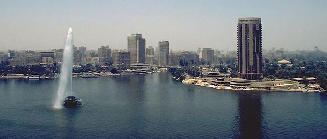 General view from east across Nile with water jet (on the left)