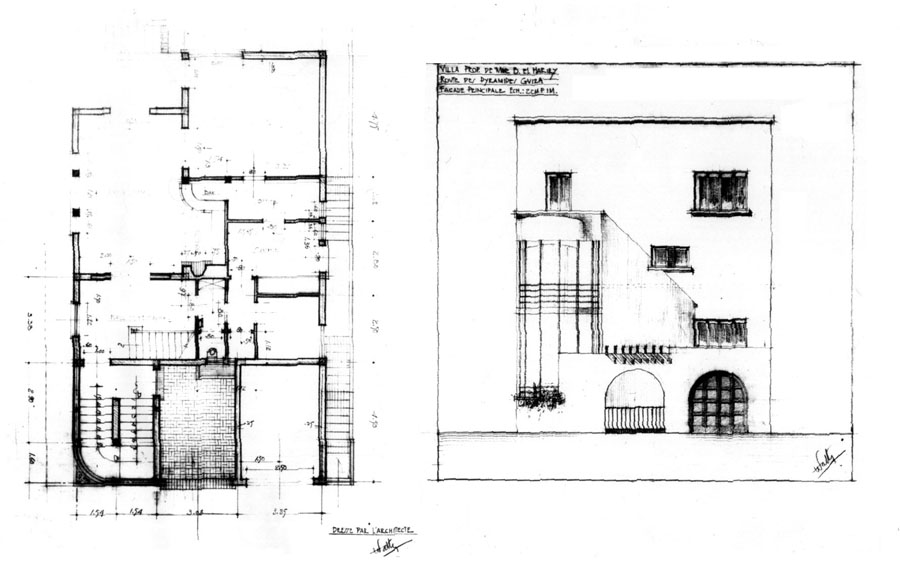 Working drawing: ground floor plan and elevation