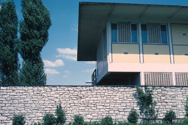 Exterior detail showing protective wall and projecting enclosed balcony