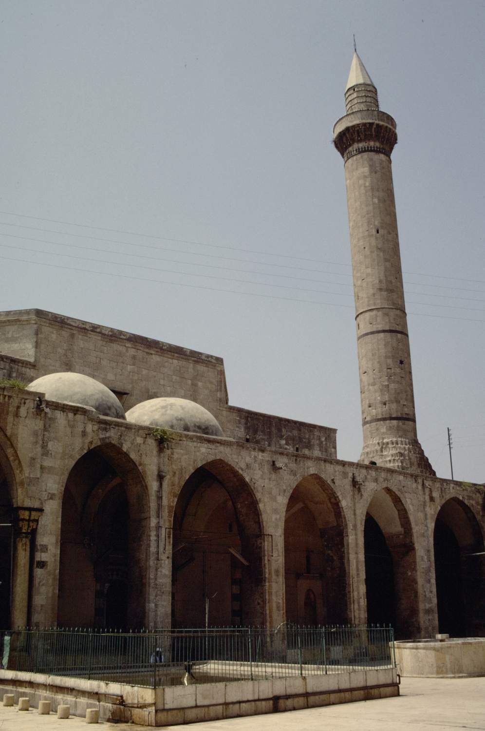 View of entrance portico and minaret.