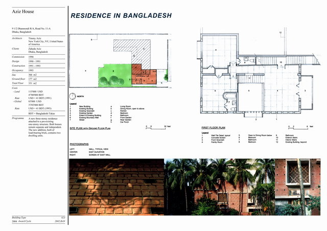 Presentation panel with site plan and first floor plan with legend, and exterior views