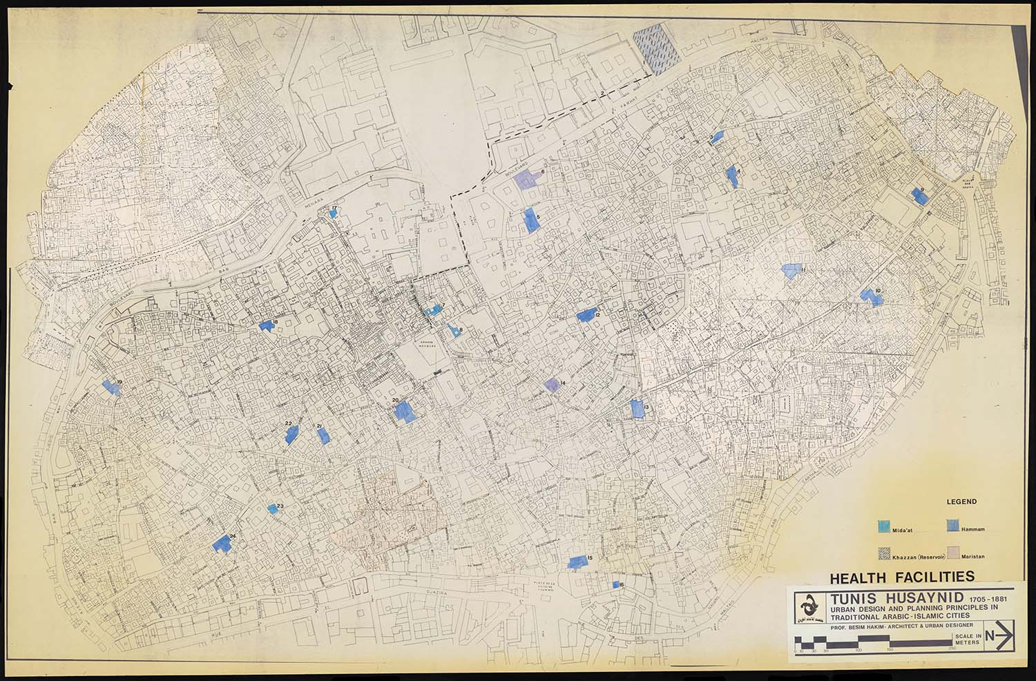 Tunis  - Map of historic center of Tunis showing locations of health facilities, including sanitation and water supply. The locations of maristans (hospitals), are indicated in pink, and khazzan (reservoirs), mida'at (ablution fountains), and hammams (baths) in blue. Scale: 1:1,000 m. This map is part of a&nbsp;<a href="https://archnet.org/collections/1762" target="_blank" data-bypass="true">series of maps</a><span style="text-align: justify;">&nbsp;titled "Tunis Husaynid (1705-1881): Urban Design and Planning Principles in Traditional Arabic-Islamic Cities." Produced by Besim S. Hakim.</span>