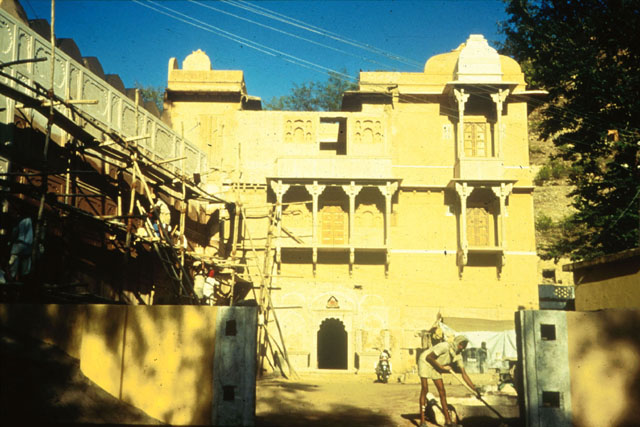 Exterior view of façade, during restoration