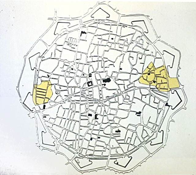 Plan of walled old town, showing areas of intervention (yellow)
