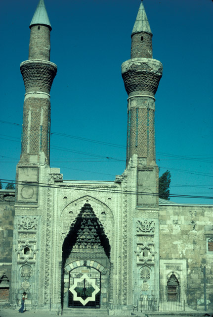 View of portal and twin minarets.