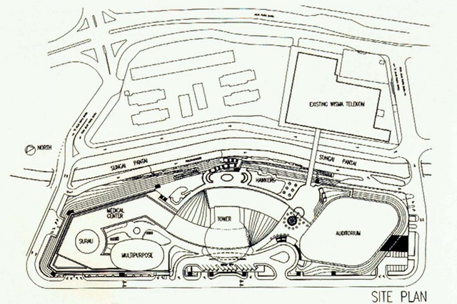 Site plan of tower, auditorium, medical centre, sports centre and multipurpose hall