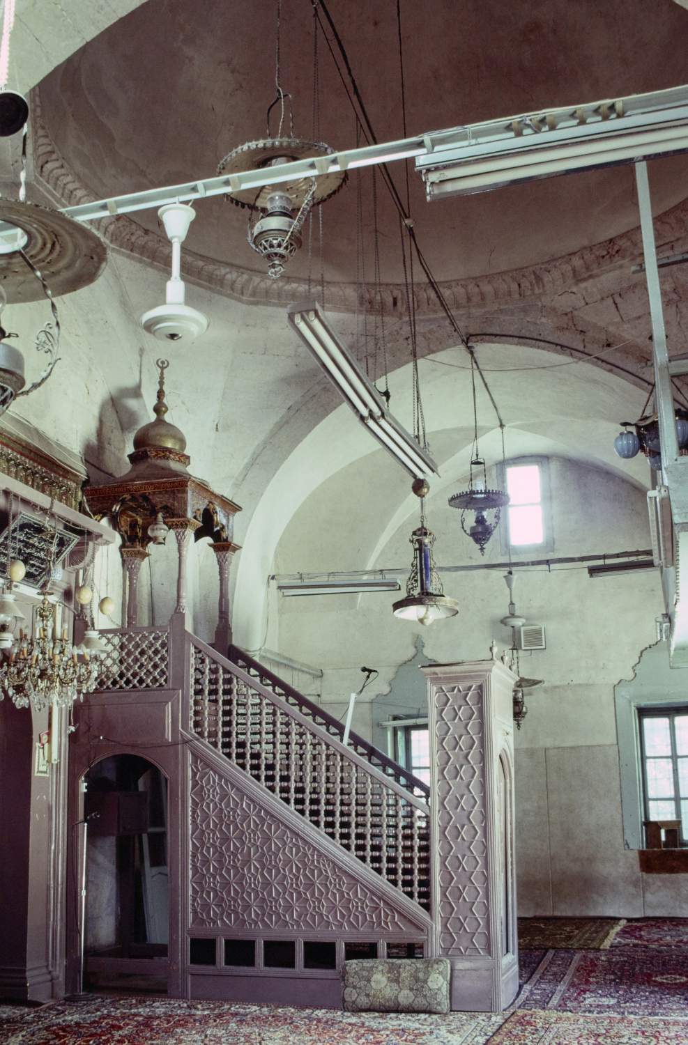 Northward interior view of mosque; minbar.