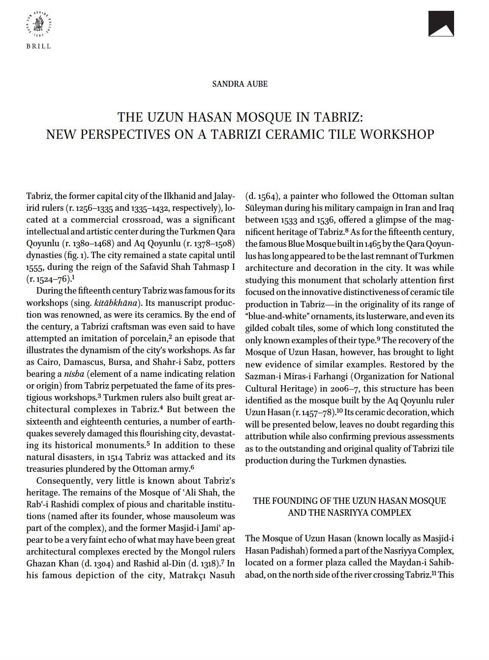 The Uzun Hasan Mosque in Tabriz: New Perspectives on a Tabrizi Ceramic Tile Workshop