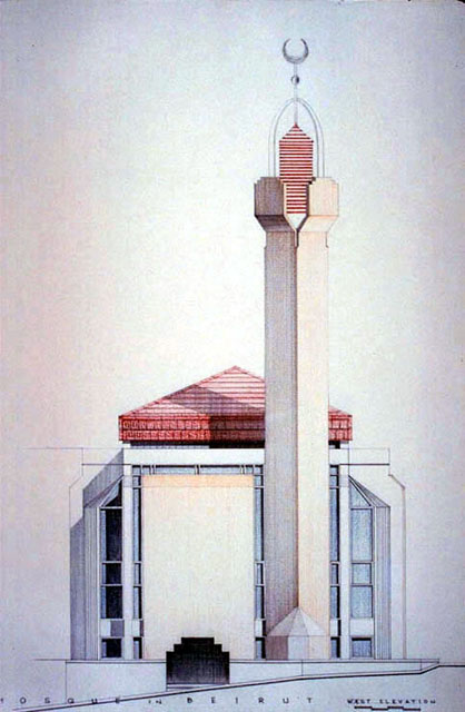Color drawing, west elevation, Shafiq Amash Mosque