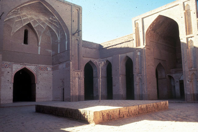 View of courtyard with main qibla iwan to left and the northwest iwan