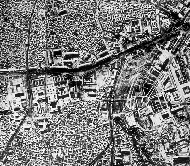 Aerial view, Registan Square at centre left