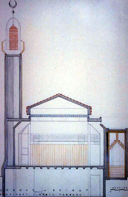 Color drawing, transversal section, Shafiq Amash Mosque