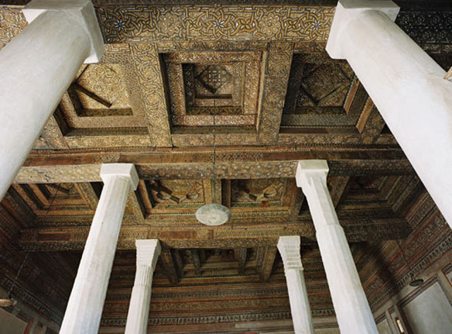 Interior, painted wood ceiling