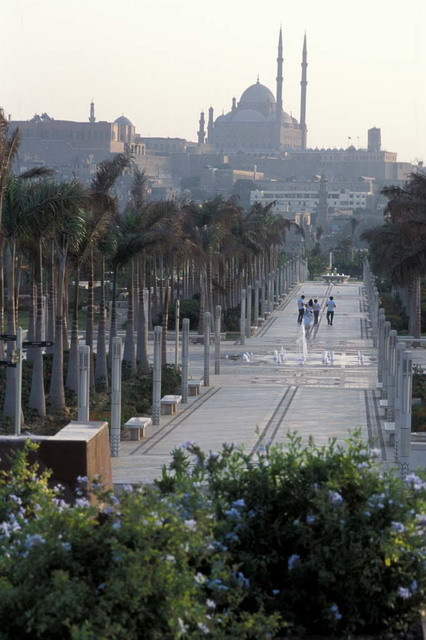 Al-Azhar Park - Central promenade, view looking south. Muhammad Ali Mosque (Citadel) is seen in the background