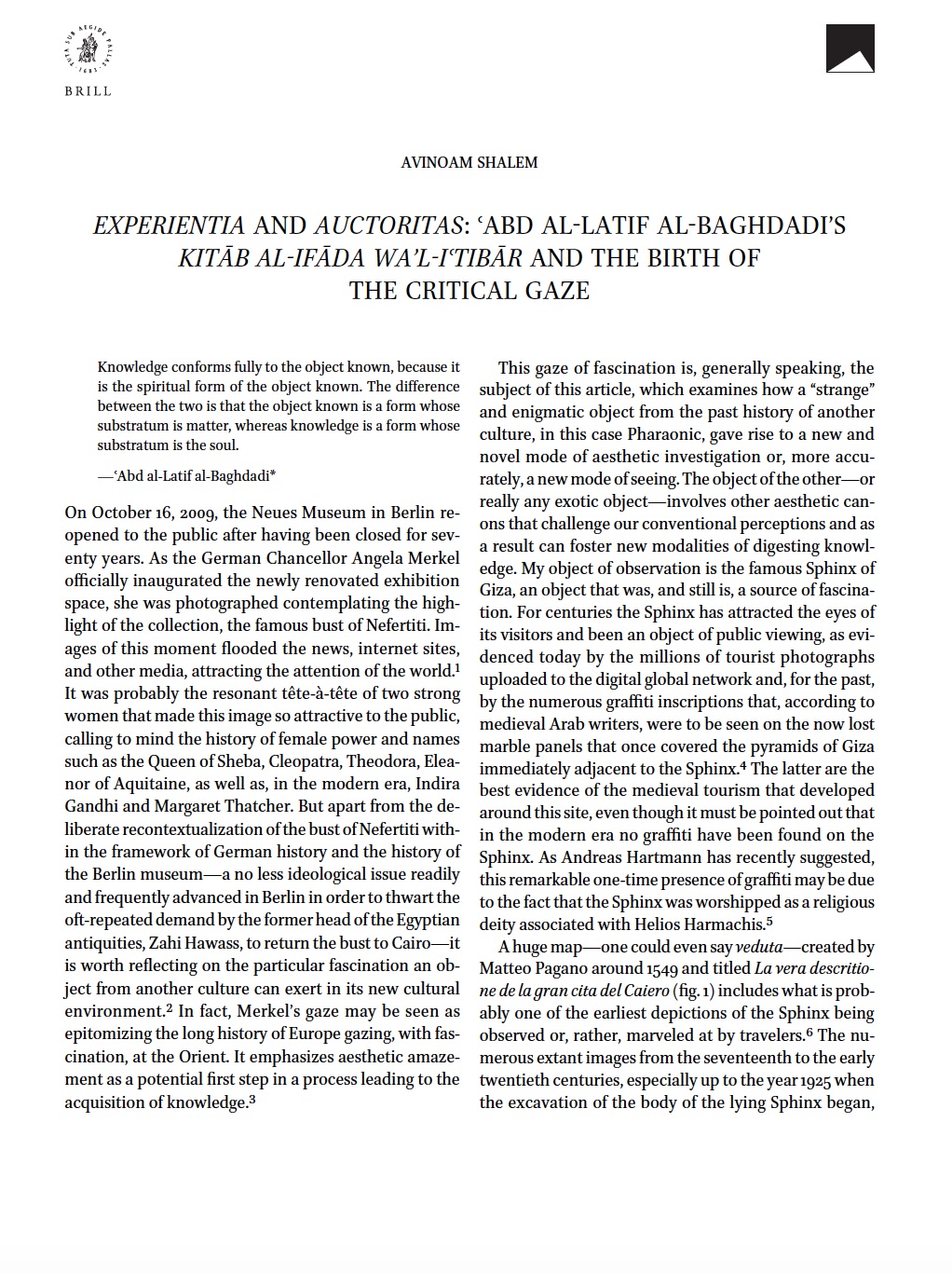 Experientia and Auctoritas: ʿAbd al-Latif al-Baghdadi’s Kitāb al-Ifāda wa’l-iʿtibār and the Birth of the Critical Gaze