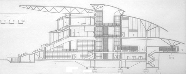 B&W drawing, section through the grandstand